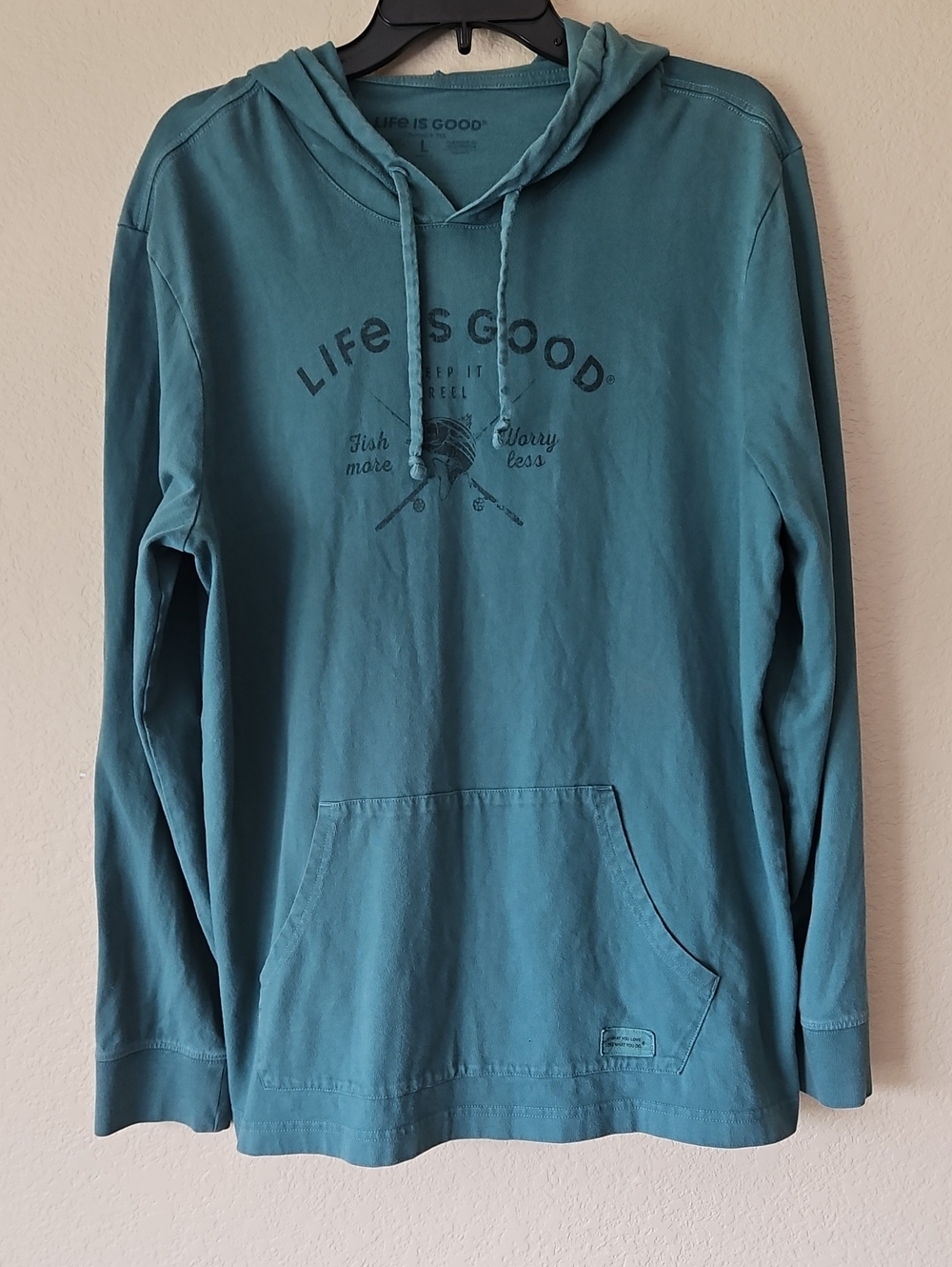 Life is Good Men's Teal Hooded Long-Sleeve Shirt Fishing Large